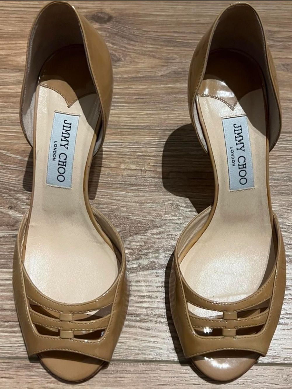 Jimmy Choo Camel Open-Toe Leather Pumps